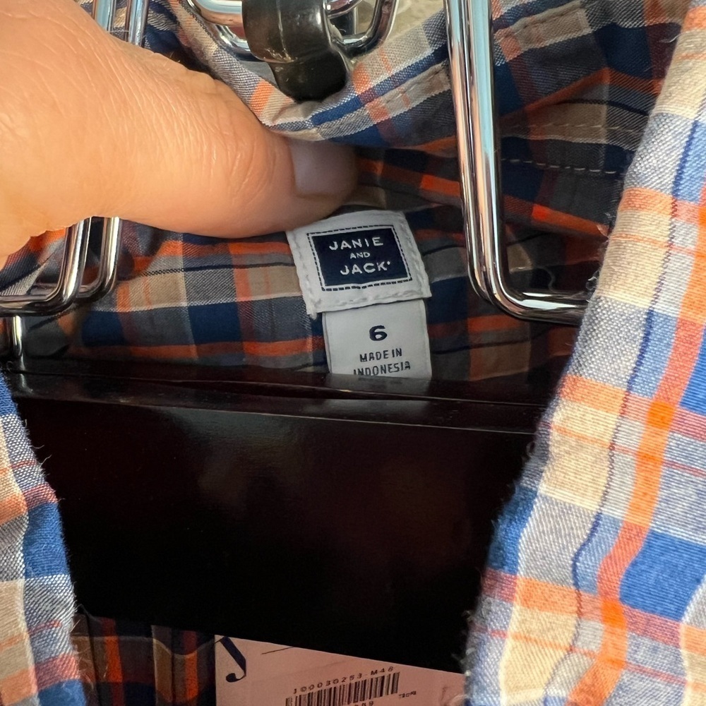 Janie and Jack blue, tan and orange boys plaid button down size 6 brand new - Picture 3 of 5
